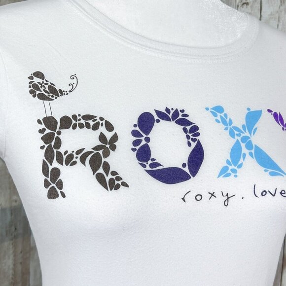 Roxy Short Sleeve Graphic Tee | White | Crew Neck | Small | Leaves Bird | Y2K - Picture 6 of 10